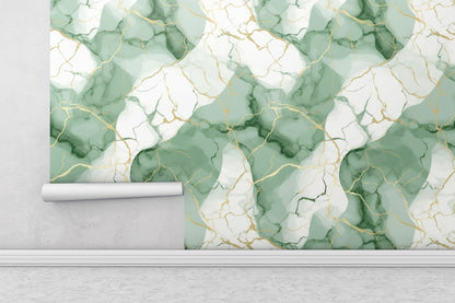 Removable Wallpaper, Green and Gold Marble - Peel & Stick, Reusable, Self Adhesive, 26" Panels, Easy Install, Seamless