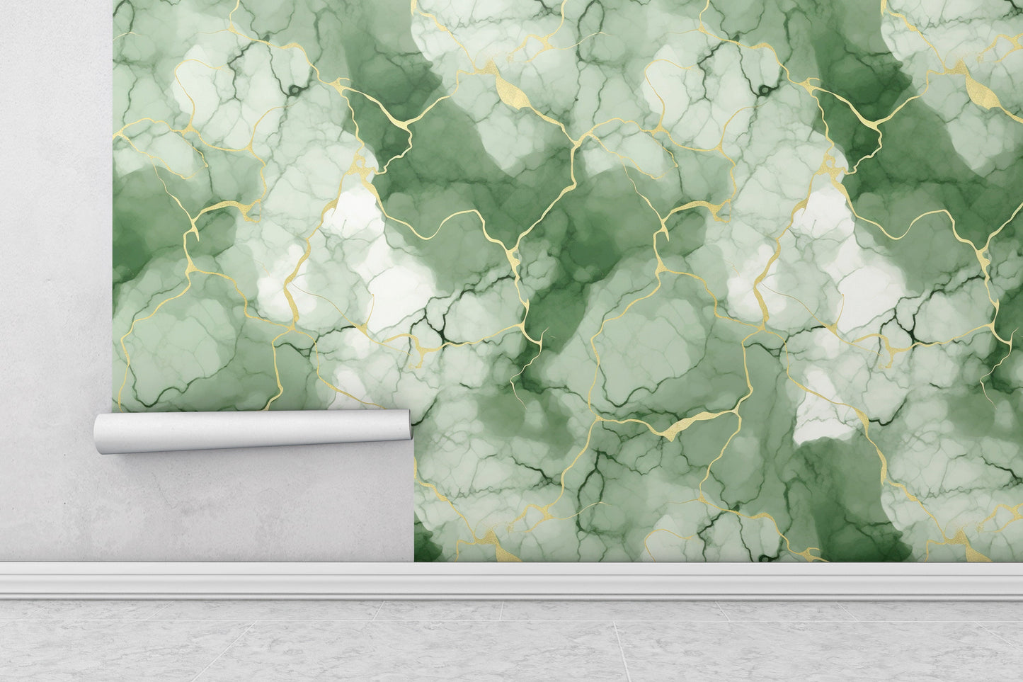 Removable Wallpaper, Green, White and Gold Marble - Peel & Stick, Reusable, Self Adhesive, 26" Panels, Easy Install, Seamless