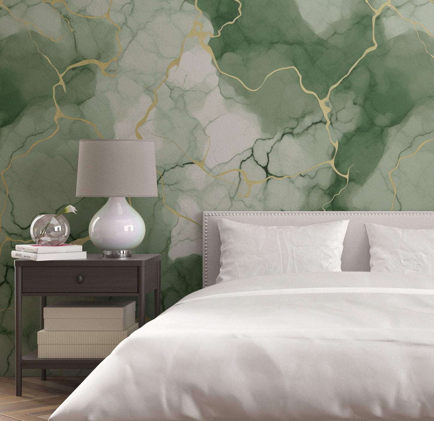 Removable Wallpaper, Green, White and Gold Marble - Peel & Stick, Reusable, Self Adhesive, 26" Panels, Easy Install, Seamless