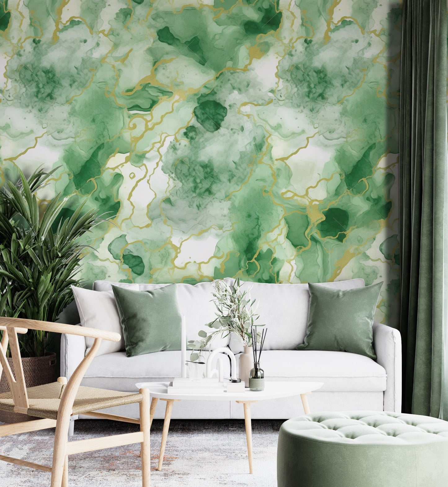 Removable Wallpaper, Beautiful Green and Gold Marble - Peel & Stick, Reusable, Self Adhesive, 26" Panels, Easy Install, Seamless