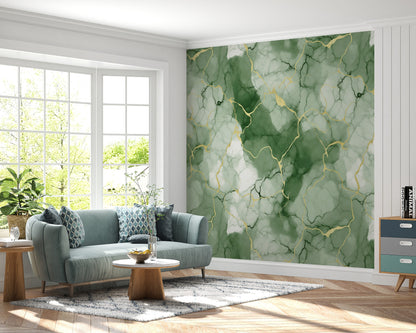 Removable Wallpaper, Green, White and Gold Marble - Peel & Stick, Reusable, Self Adhesive, 26" Panels, Easy Install, Seamless