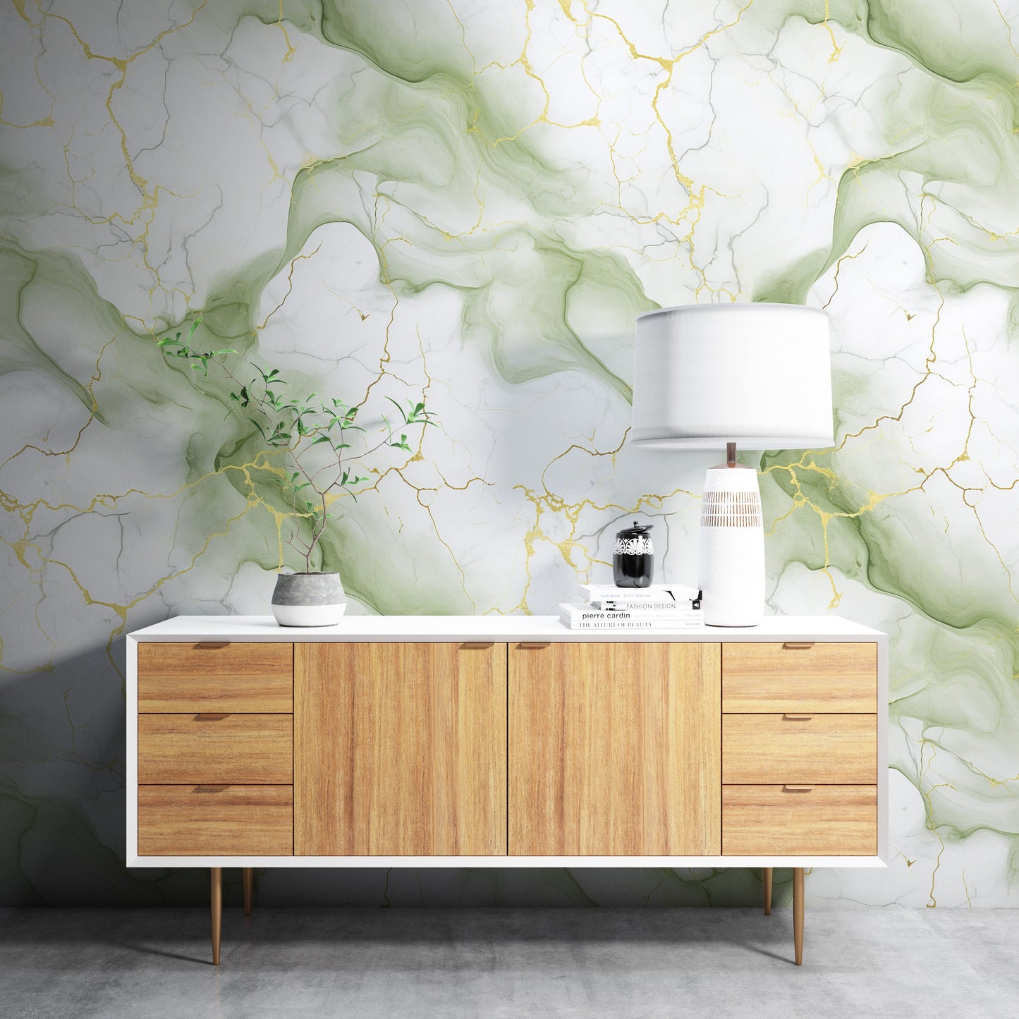 Removable Wallpaper, White, Green and Gold Marble - Peel & Stick, Reusable, Self Adhesive, 26" Panels, Easy Install, Seamless