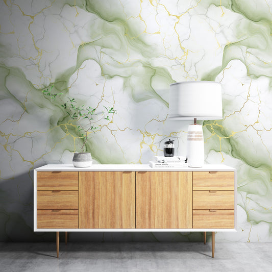 Removable Wallpaper, White, Green and Gold Marble - Peel & Stick, Reusable, Self Adhesive, 26" Panels, Easy Install, Seamless