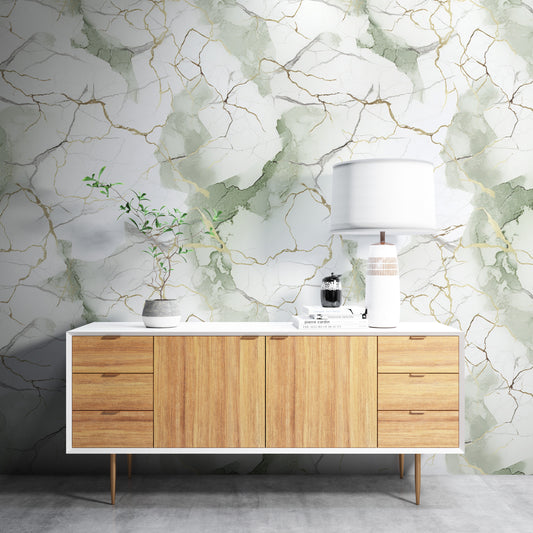 Removable Wallpaper, White, Green and Gold Beautiful Marble - Peel & Stick, Reusable, Self Adhesive, 26" Panels, Easy Install, Seamless