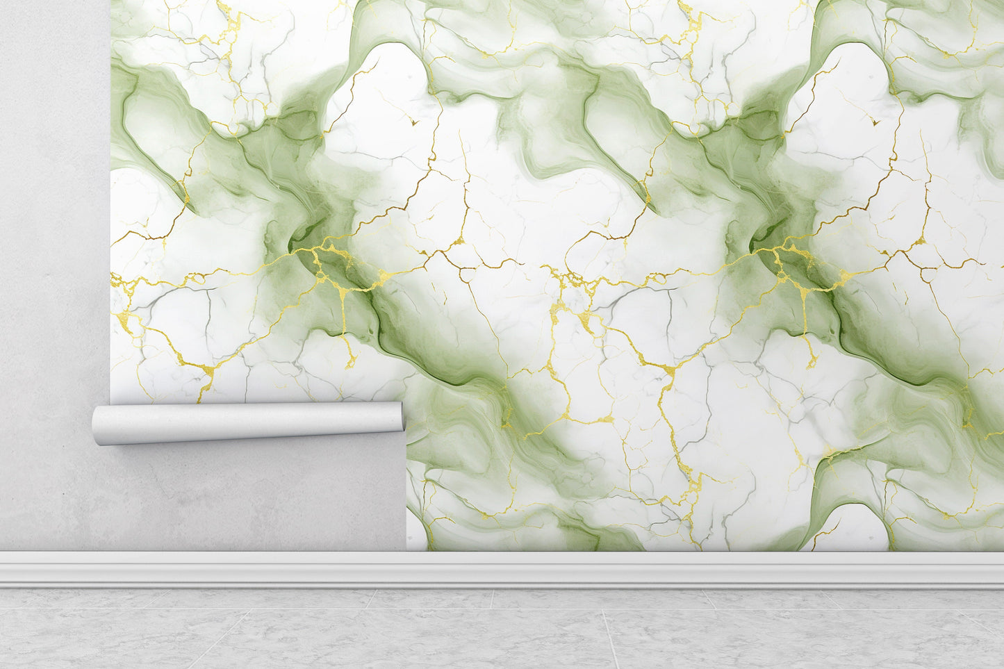 Removable Wallpaper, White, Green and Gold Marble - Peel & Stick, Reusable, Self Adhesive, 26" Panels, Easy Install, Seamless