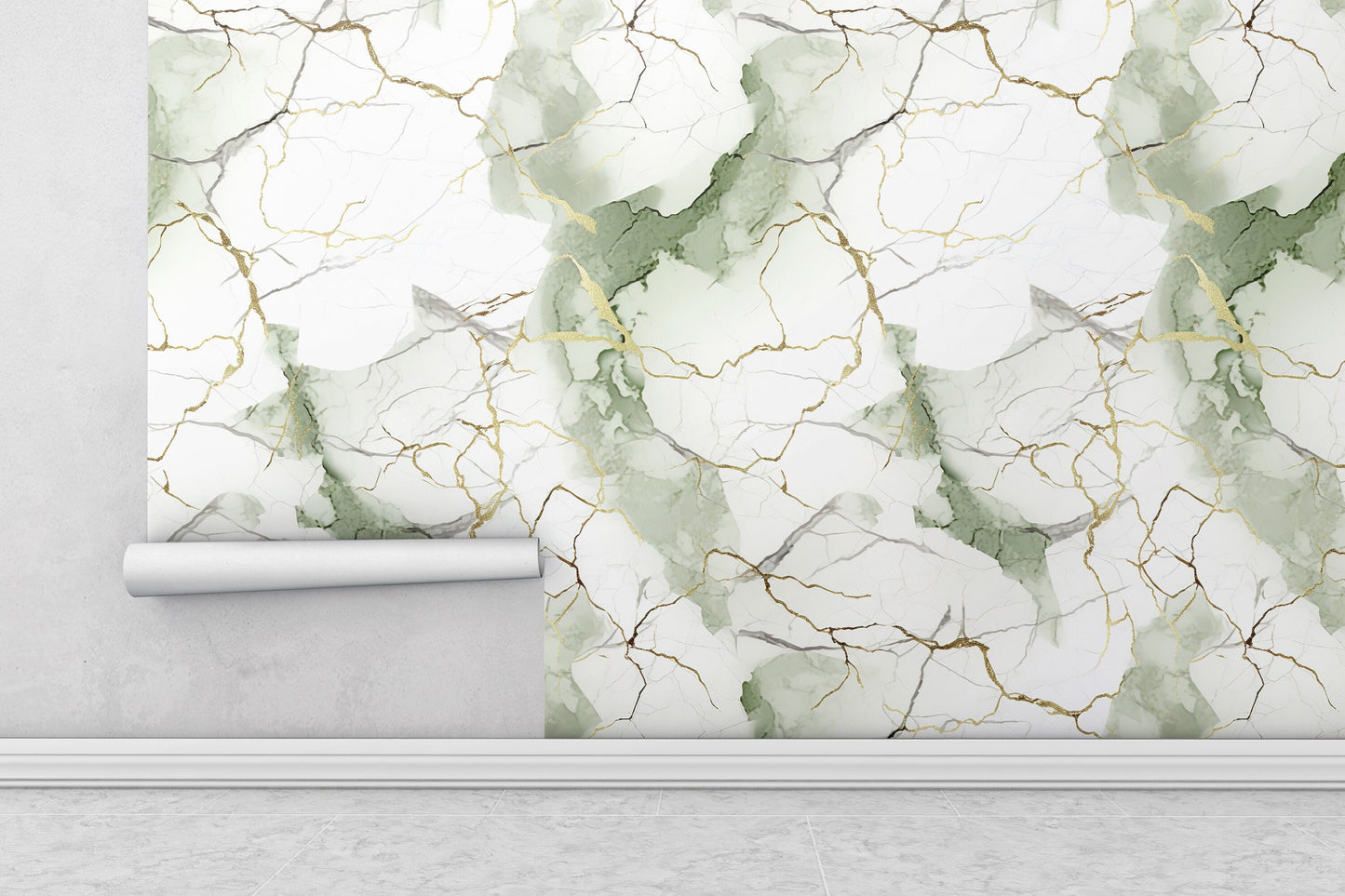 Removable Wallpaper, White, Green and Gold Beautiful Marble - Peel & Stick, Reusable, Self Adhesive, 26" Panels, Easy Install, Seamless