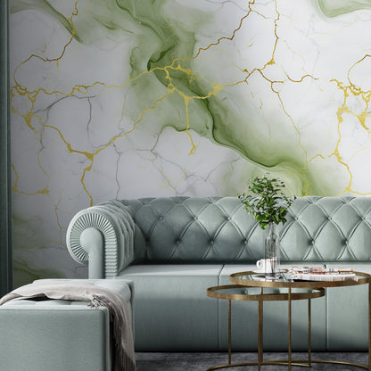 Removable Wallpaper, White, Green and Gold Marble - Peel & Stick, Reusable, Self Adhesive, 26" Panels, Easy Install, Seamless