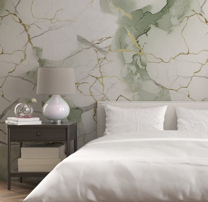 Removable Wallpaper, White, Green and Gold Beautiful Marble - Peel & Stick, Reusable, Self Adhesive, 26" Panels, Easy Install, Seamless