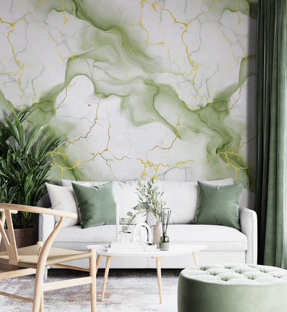 Removable Wallpaper, White, Green and Gold Marble - Peel & Stick, Reusable, Self Adhesive, 26" Panels, Easy Install, Seamless