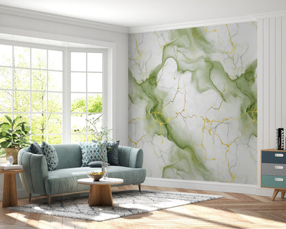 Removable Wallpaper, White, Green and Gold Marble - Peel & Stick, Reusable, Self Adhesive, 26" Panels, Easy Install, Seamless