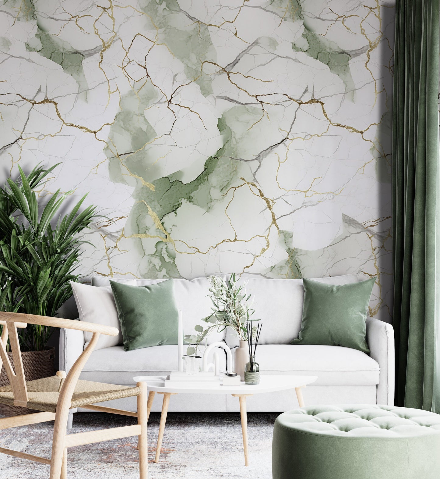 Removable Wallpaper, White, Green and Gold Beautiful Marble - Peel & Stick, Reusable, Self Adhesive, 26" Panels, Easy Install, Seamless