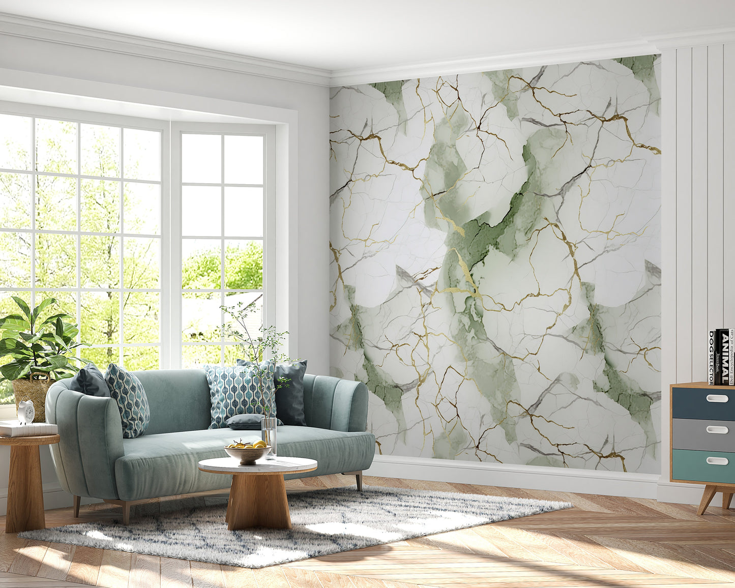 Removable Wallpaper, White, Green and Gold Beautiful Marble - Peel & Stick, Reusable, Self Adhesive, 26" Panels, Easy Install, Seamless