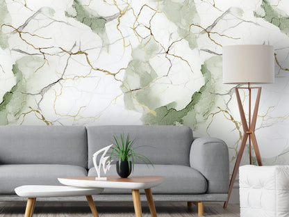 Removable Wallpaper, White, Green and Gold Beautiful Marble - Peel & Stick, Reusable, Self Adhesive, 26" Panels, Easy Install, Seamless