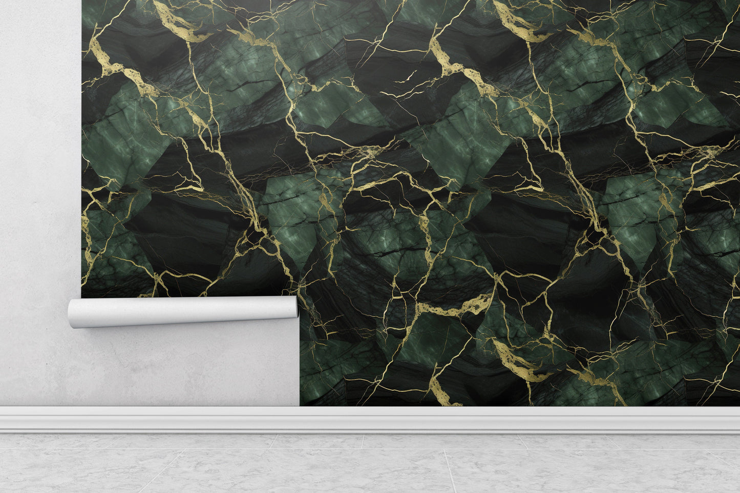 Removable Wallpaper, Dark Green and Gold Marble - Peel & Stick, Reusable, Self Adhesive, 26" Panels, Easy Install, Seamless