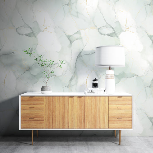 Removable Wallpaper, White, Gold and Green Beautiful Marble - Peel & Stick, Reusable, Self Adhesive, 26" Panels, Easy Install, Seamless