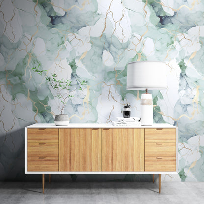 Removable Wallpaper, Green, Blue and White Marble - Peel & Stick, Reusable, Self Adhesive, 26" Panels, Easy Install, Seamless