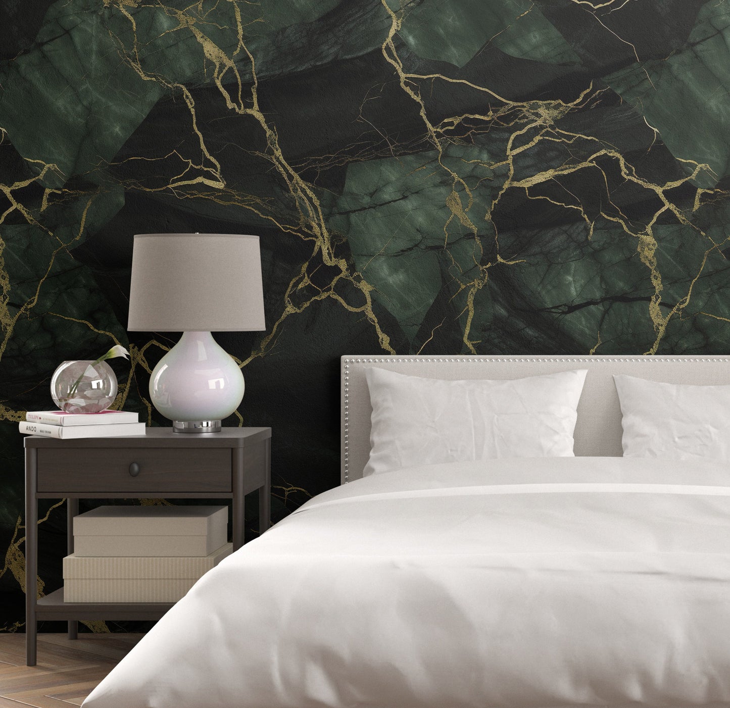 Removable Wallpaper, Dark Green and Gold Marble - Peel & Stick, Reusable, Self Adhesive, 26" Panels, Easy Install, Seamless