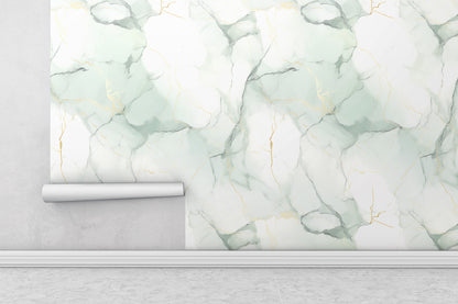 Removable Wallpaper, White, Gold and Green Beautiful Marble - Peel & Stick, Reusable, Self Adhesive, 26" Panels, Easy Install, Seamless