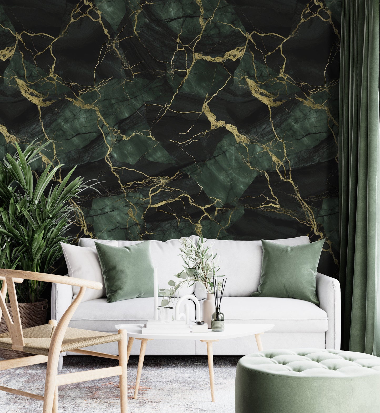 Removable Wallpaper, Dark Green and Gold Marble - Peel & Stick, Reusable, Self Adhesive, 26" Panels, Easy Install, Seamless