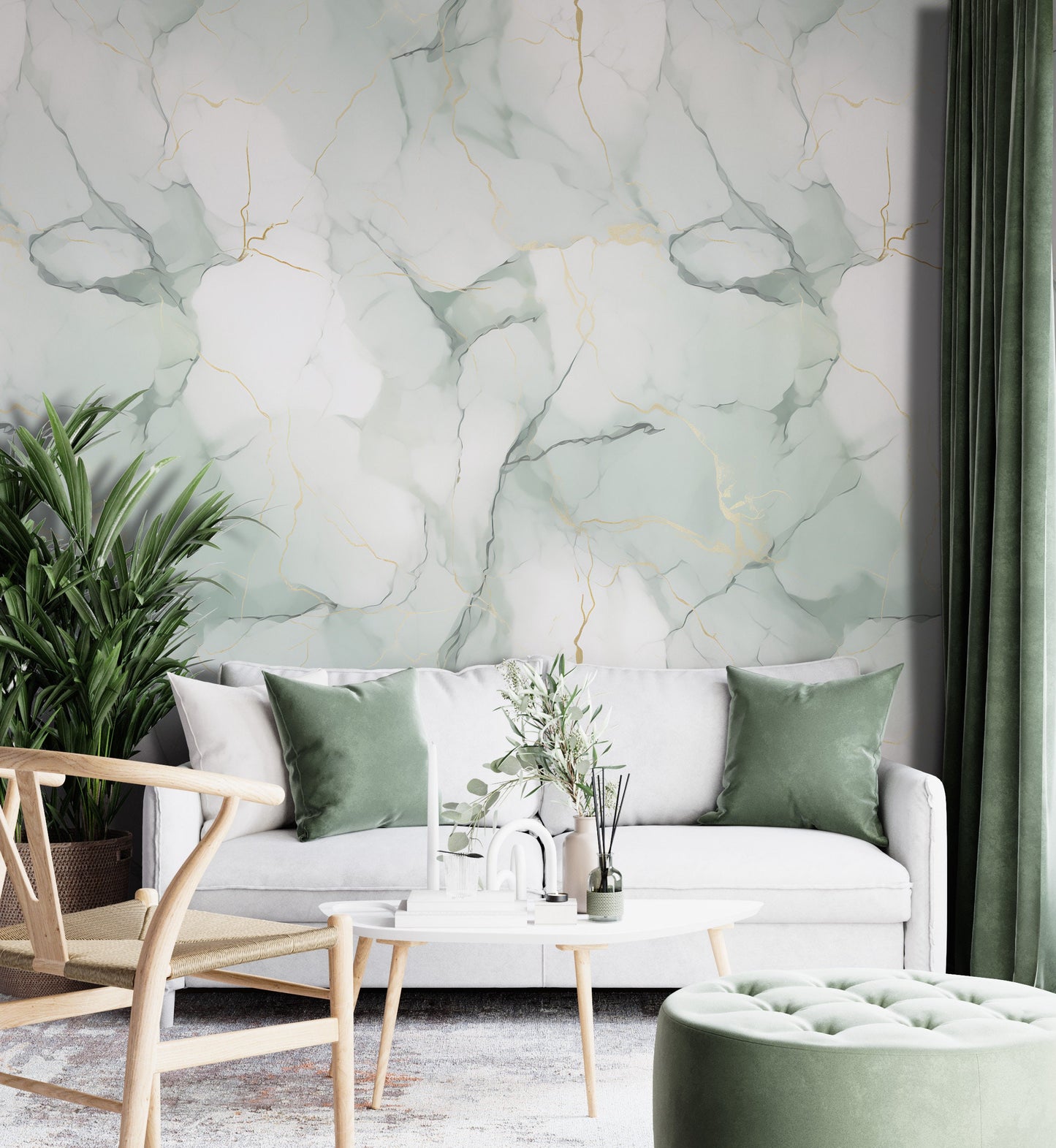 Removable Wallpaper, White, Gold and Green Beautiful Marble - Peel & Stick, Reusable, Self Adhesive, 26" Panels, Easy Install, Seamless