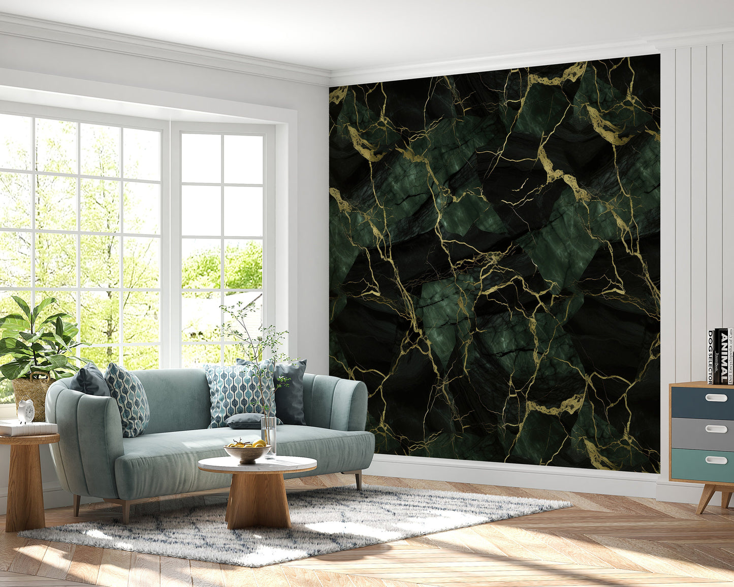 Removable Wallpaper, Dark Green and Gold Marble - Peel & Stick, Reusable, Self Adhesive, 26" Panels, Easy Install, Seamless