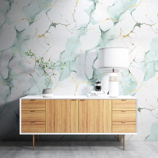 Removable Wallpaper, White, Gold and Green Cute Marble - Peel & Stick, Reusable, Self Adhesive, 26" Panels, Easy Install, Seamless