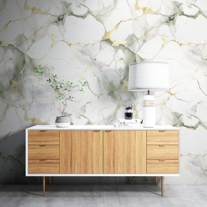 Removable Wallpaper, Gold and Green Marble - Peel & Stick, Reusable, Self Adhesive, 26" Panels, Easy Install, Seamless