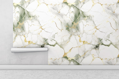 Removable Wallpaper, Gold and Green Marble - Peel & Stick, Reusable, Self Adhesive, 26" Panels, Easy Install, Seamless