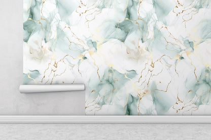 Removable Wallpaper, Sea Green and Gold Marble - Peel & Stick, Reusable, Self Adhesive, 26" Panels, Easy Install, Seamless