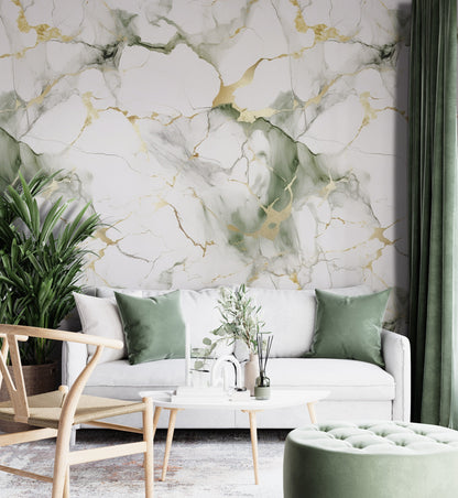 Removable Wallpaper, Gold and Green Marble - Peel & Stick, Reusable, Self Adhesive, 26" Panels, Easy Install, Seamless