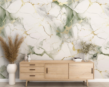 Removable Wallpaper, Gold and Green Marble - Peel & Stick, Reusable, Self Adhesive, 26" Panels, Easy Install, Seamless