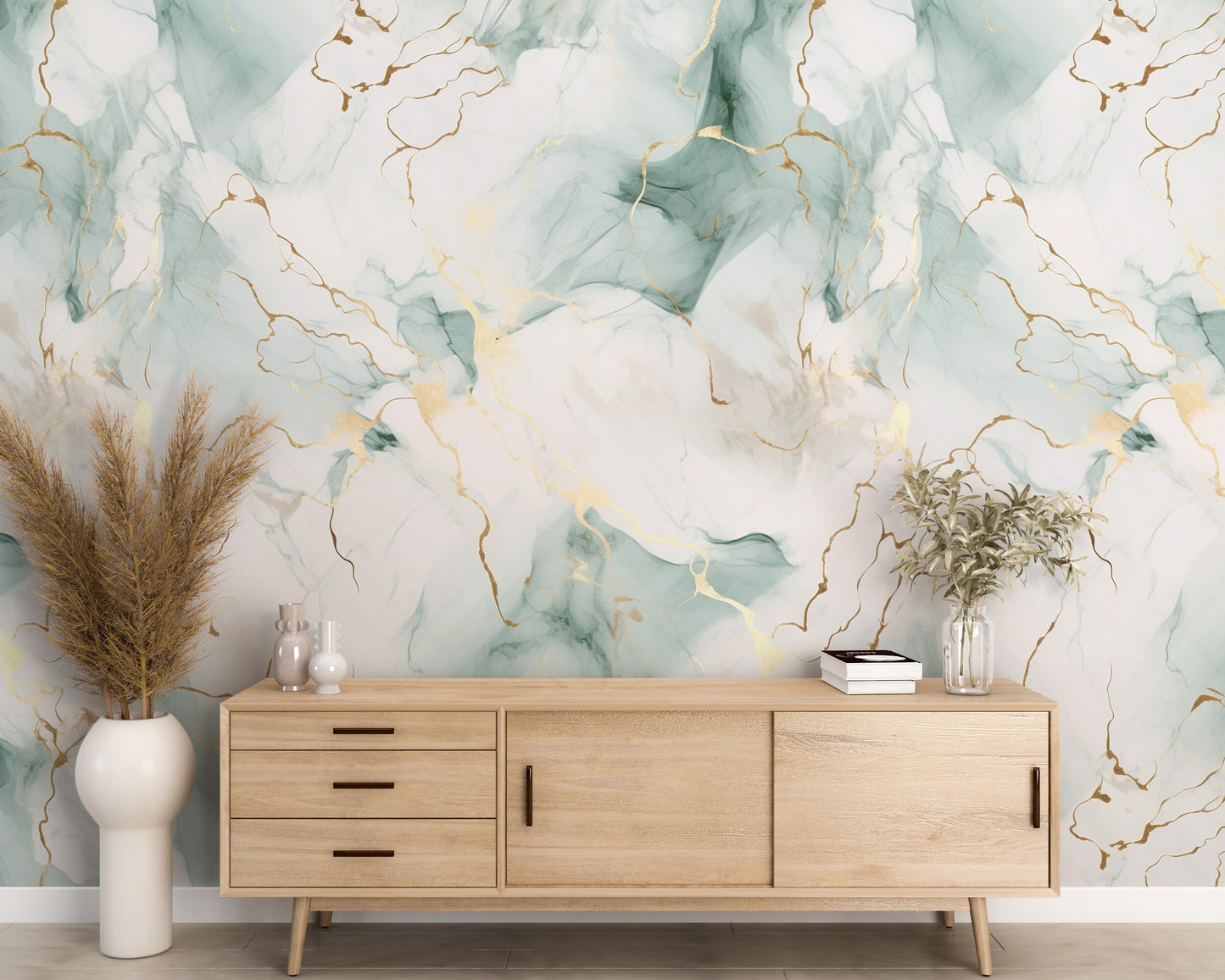 Removable Wallpaper, Sea Green and Gold Marble - Peel & Stick, Reusable, Self Adhesive, 26" Panels, Easy Install, Seamless