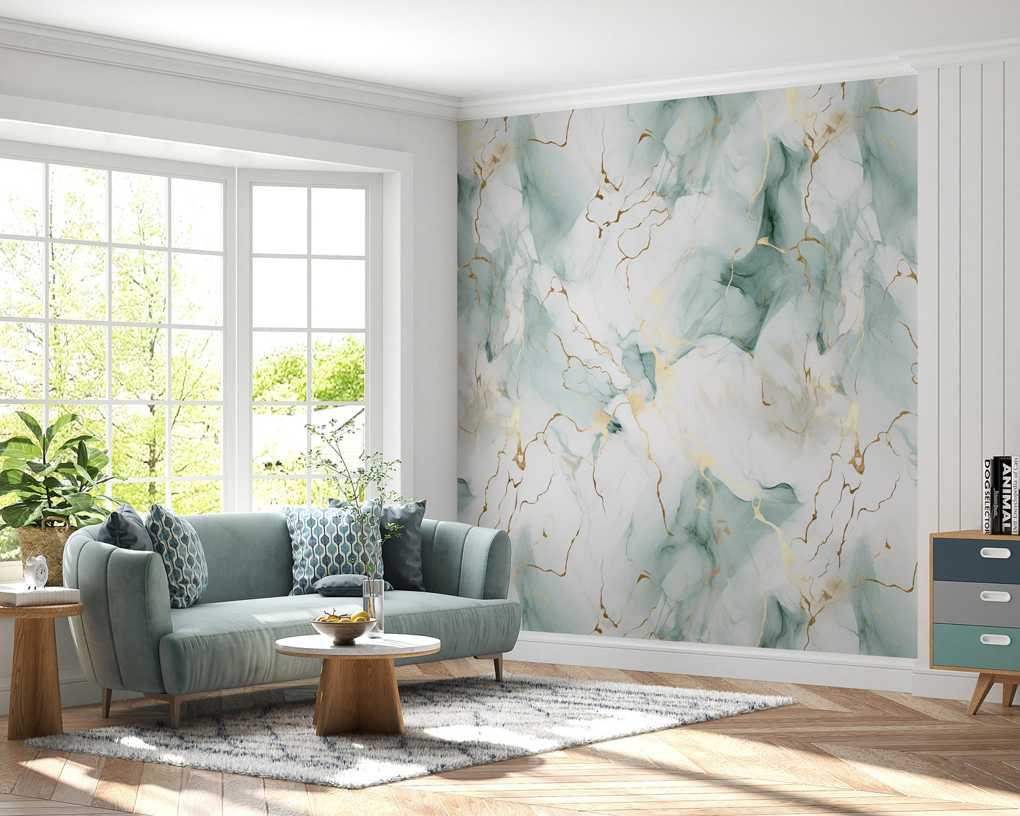 Removable Wallpaper, Sea Green and Gold Marble - Peel & Stick, Reusable, Self Adhesive, 26" Panels, Easy Install, Seamless