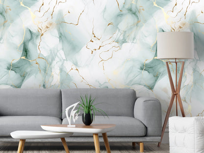 Removable Wallpaper, Sea Green and Gold Marble - Peel & Stick, Reusable, Self Adhesive, 26" Panels, Easy Install, Seamless