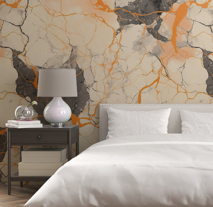 Removable Wallpaper, Black and Orange Marble - Peel & Stick, Reusable, Self Adhesive, 26" Panels, Easy Install, Seamless