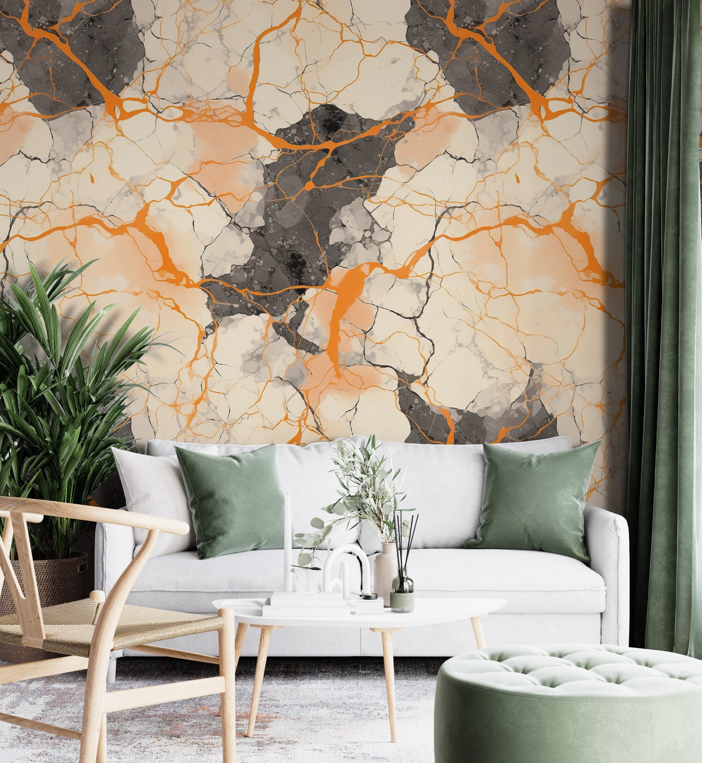 Removable Wallpaper, Black and Orange Marble - Peel & Stick, Reusable, Self Adhesive, 26" Panels, Easy Install, Seamless