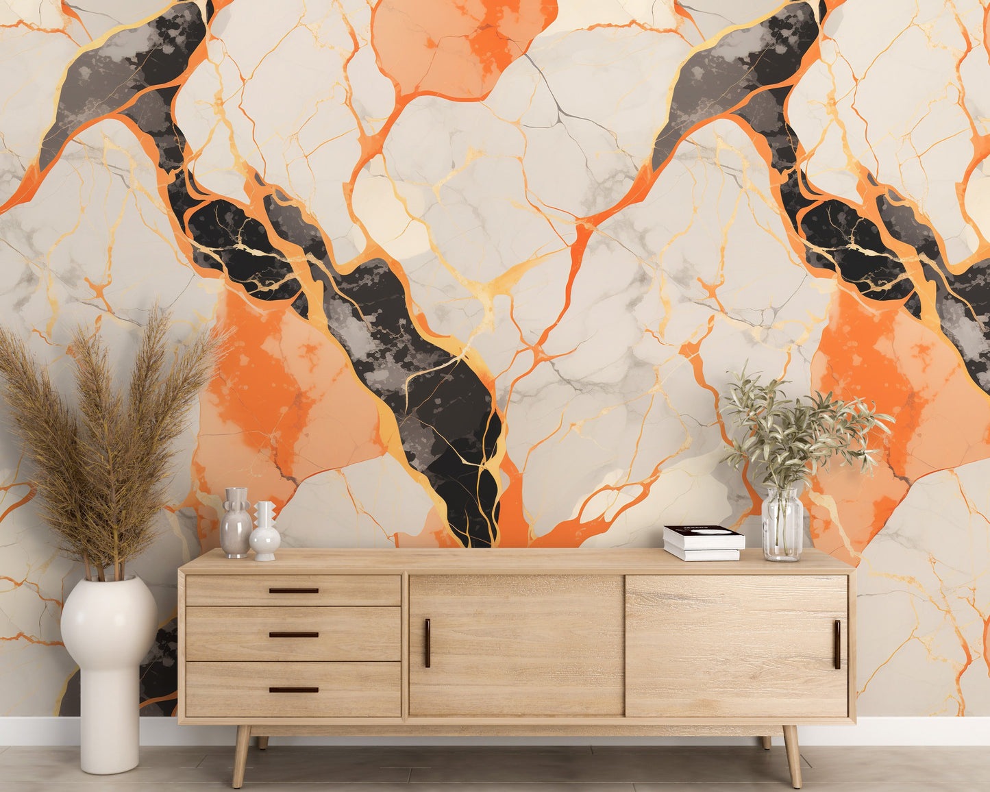 Removable Wallpaper, Orange and Black Marble - Peel & Stick, Reusable, Self Adhesive, 26" Panels, Easy Install, Seamless