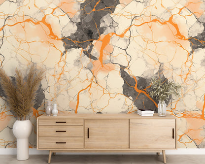 Removable Wallpaper, Black and Orange Marble - Peel & Stick, Reusable, Self Adhesive, 26" Panels, Easy Install, Seamless