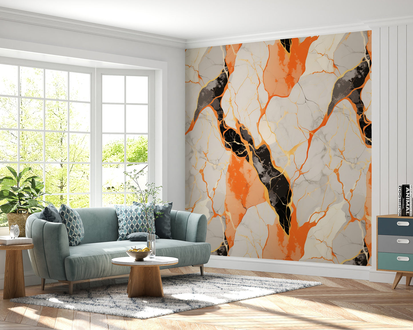 Removable Wallpaper, Orange and Black Marble - Peel & Stick, Reusable, Self Adhesive, 26" Panels, Easy Install, Seamless