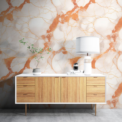 Removable Wallpaper, Orange and White Marble - Peel & Stick, Reusable, Self Adhesive, 26" Panels, Easy Install, Seamless