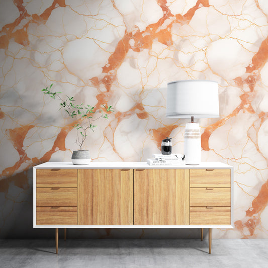 Removable Wallpaper, Orange and White Marble - Peel & Stick, Reusable, Self Adhesive, 26" Panels, Easy Install, Seamless