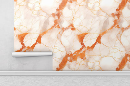 Removable Wallpaper, Orange and White Marble - Peel & Stick, Reusable, Self Adhesive, 26" Panels, Easy Install, Seamless