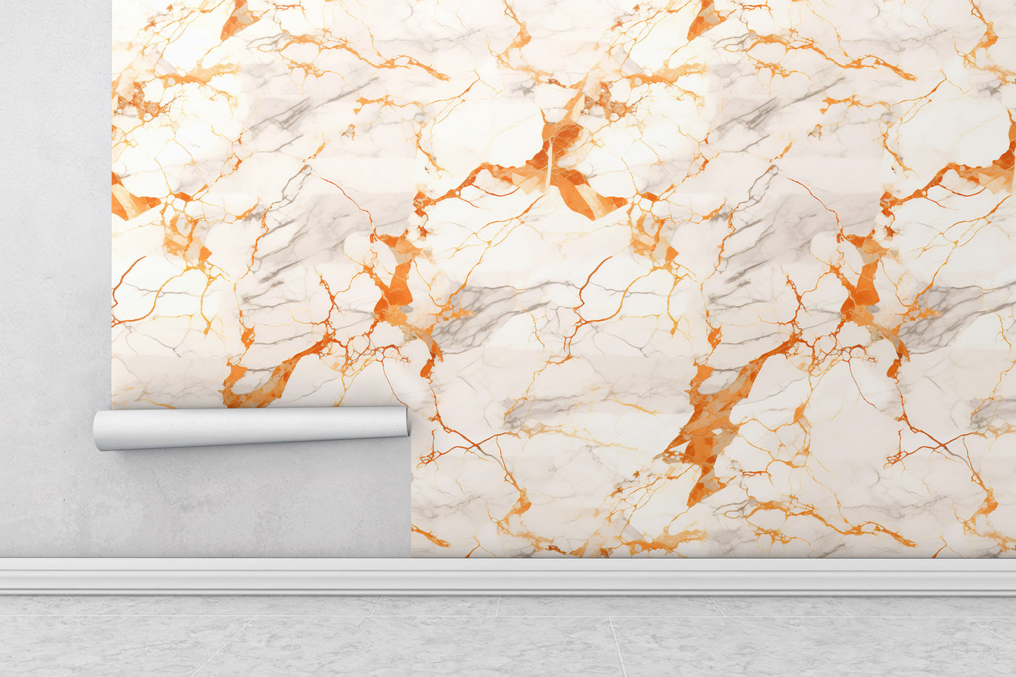 Removable Wallpaper, White and Orange Marble - Peel & Stick, Reusable, Self Adhesive, 26" Panels, Easy Install, Seamless