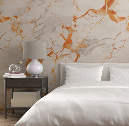 Removable Wallpaper, White and Orange Marble - Peel & Stick, Reusable, Self Adhesive, 26" Panels, Easy Install, Seamless