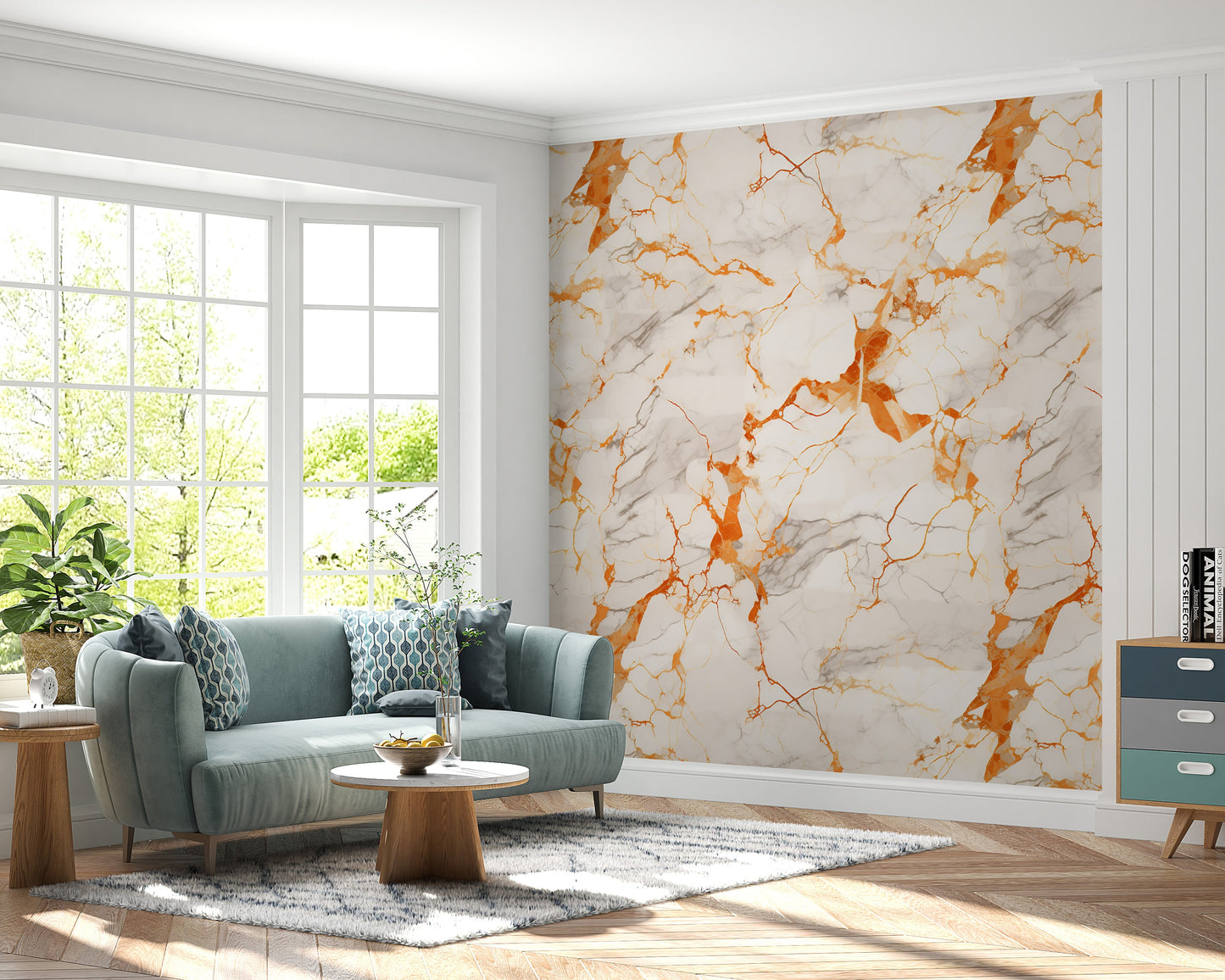 Removable Wallpaper, White and Orange Marble - Peel & Stick, Reusable, Self Adhesive, 26" Panels, Easy Install, Seamless