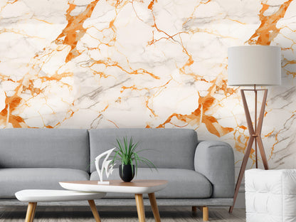 Removable Wallpaper, White and Orange Marble - Peel & Stick, Reusable, Self Adhesive, 26" Panels, Easy Install, Seamless