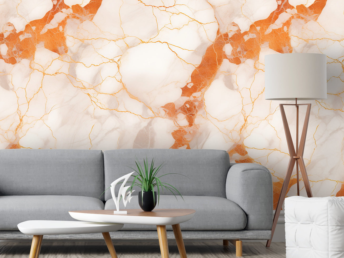 Removable Wallpaper, Orange and White Marble - Peel & Stick, Reusable, Self Adhesive, 26" Panels, Easy Install, Seamless