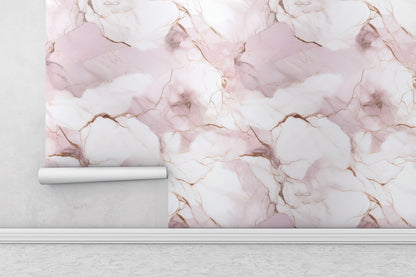 Removable Wallpaper, White and Pink Marble - Peel & Stick, Reusable, Self Adhesive, 26" Panels, Easy Install, Seamless