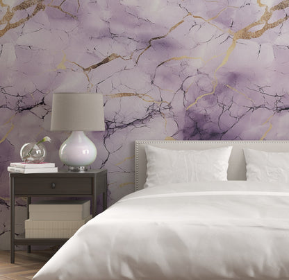 Removable Wallpaper, Purple, White and Gold Marble - Peel & Stick, Reusable, Self Adhesive, 26" Panels, Easy Install, Seamless