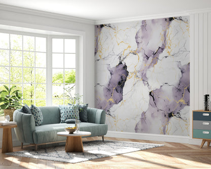 Removable Wallpaper, White, Purple and Gold Marble - Peel & Stick, Reusable, Self Adhesive, 26" Panels, Easy Install, Seamless